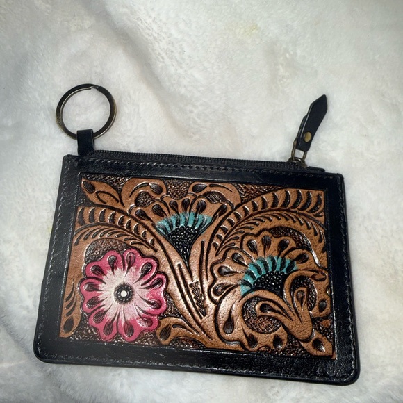 Genuine Leather Black and Brown Floral Key Card Holder - Picture 6 of 7